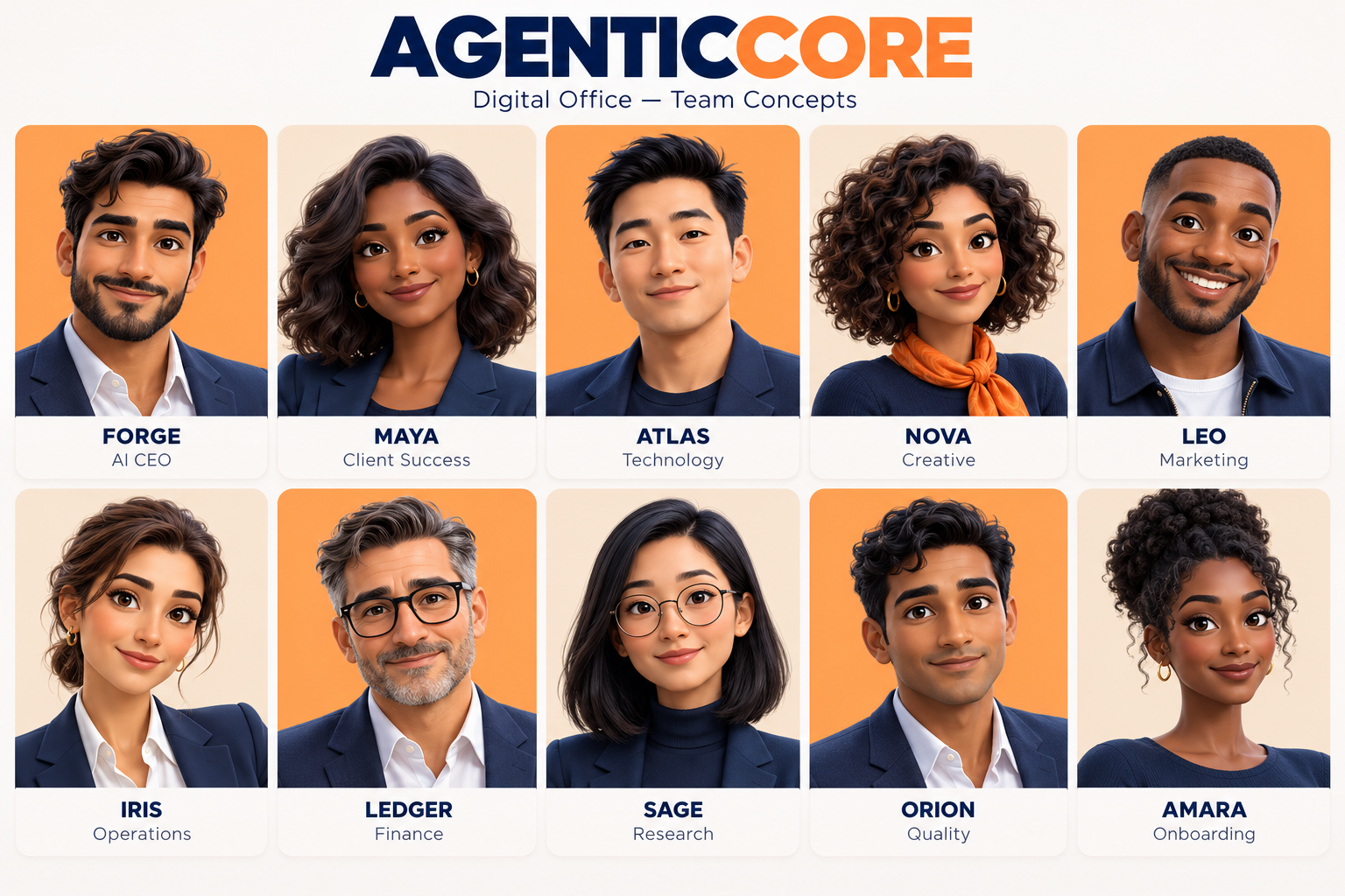 The ten illustrated AI identities behind Agenticcore’s office